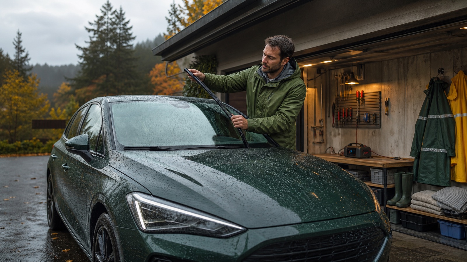 Revisión de escobillas, iluminación y equipo del coche antes de las lluvias de otoño
