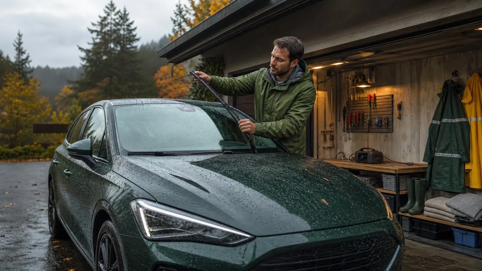 Revisión de escobillas, iluminación y equipo del coche antes de las lluvias de otoño