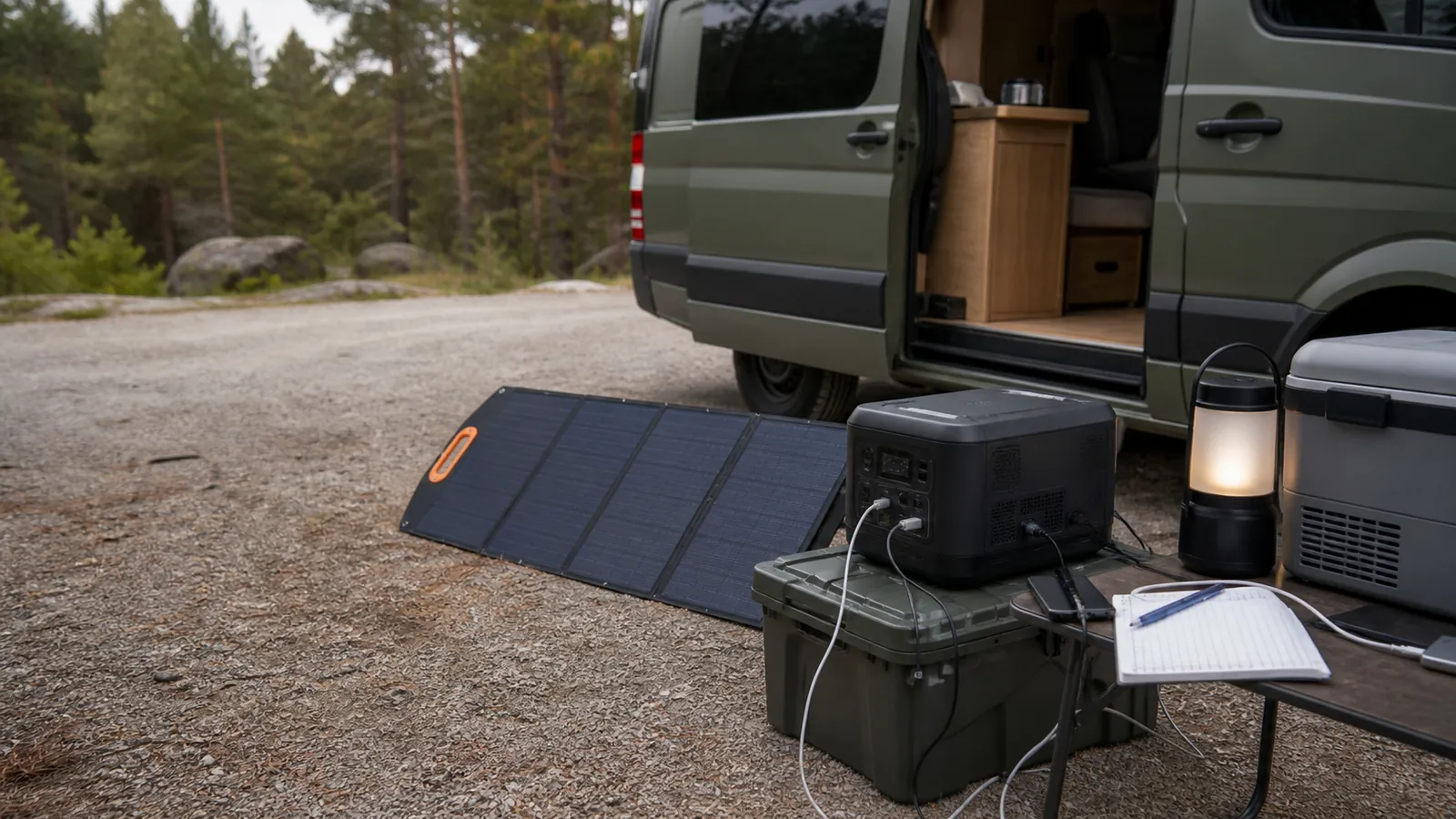 Estación de energía portátil alimentando equipos de viaje junto a una furgoneta camper