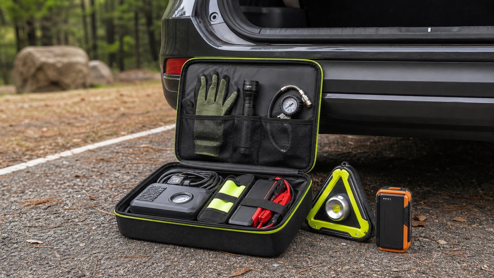 Kit compacto de herramientas y emergencia organizado junto al maletero de un coche