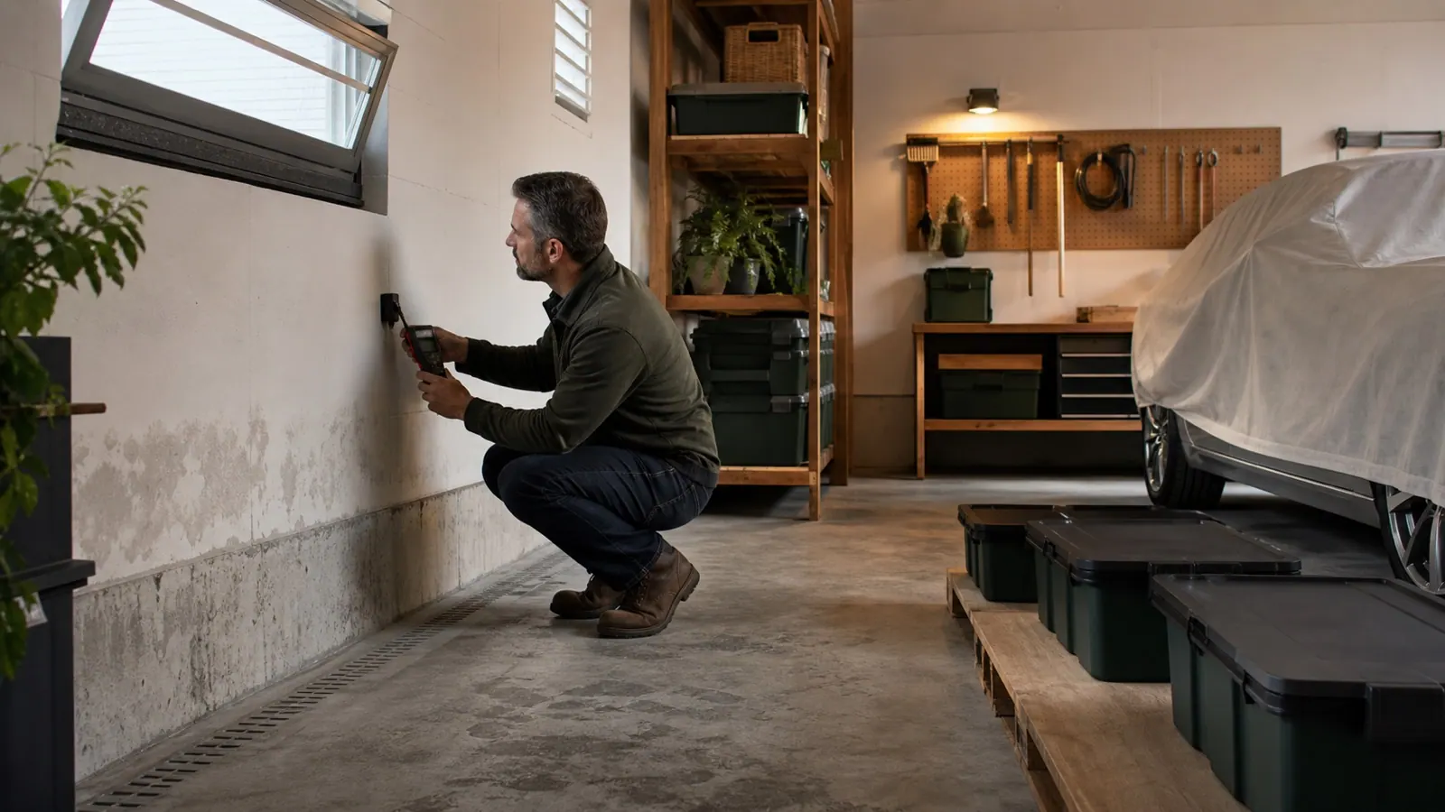 Garaje seco y ventilado con higrómetro y deshumidificador junto a una pared revisada