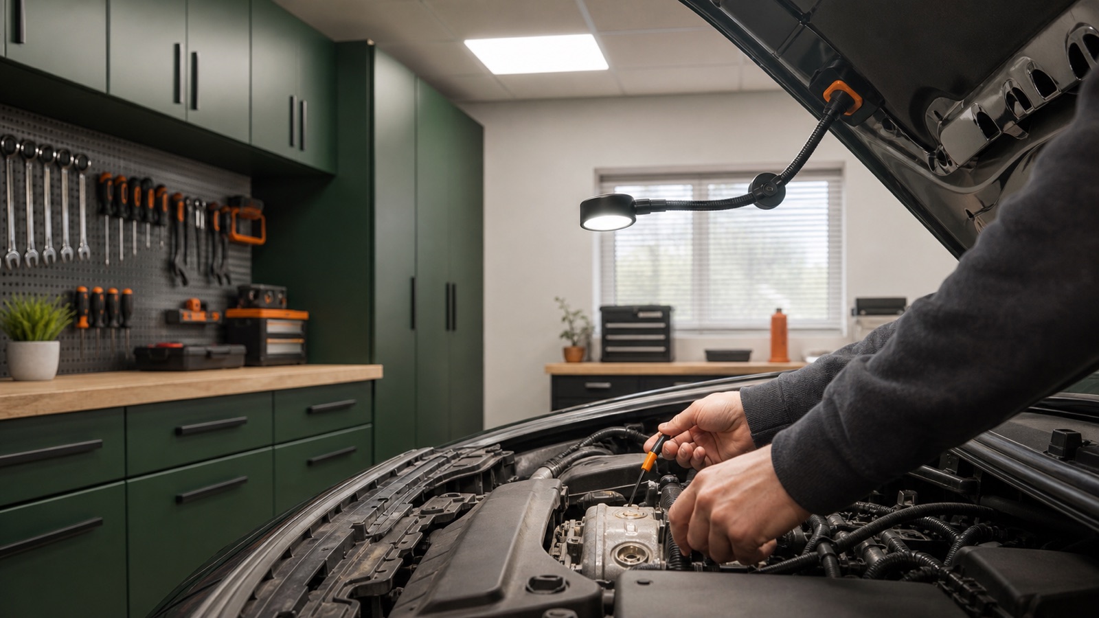 Garaje con iluminación general y una lámpara de trabajo orientada hacia el vano motor