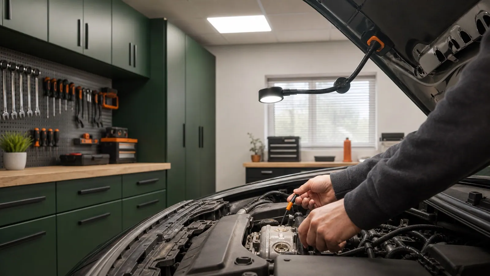 Garaje con iluminación general y una lámpara de trabajo orientada hacia el vano motor