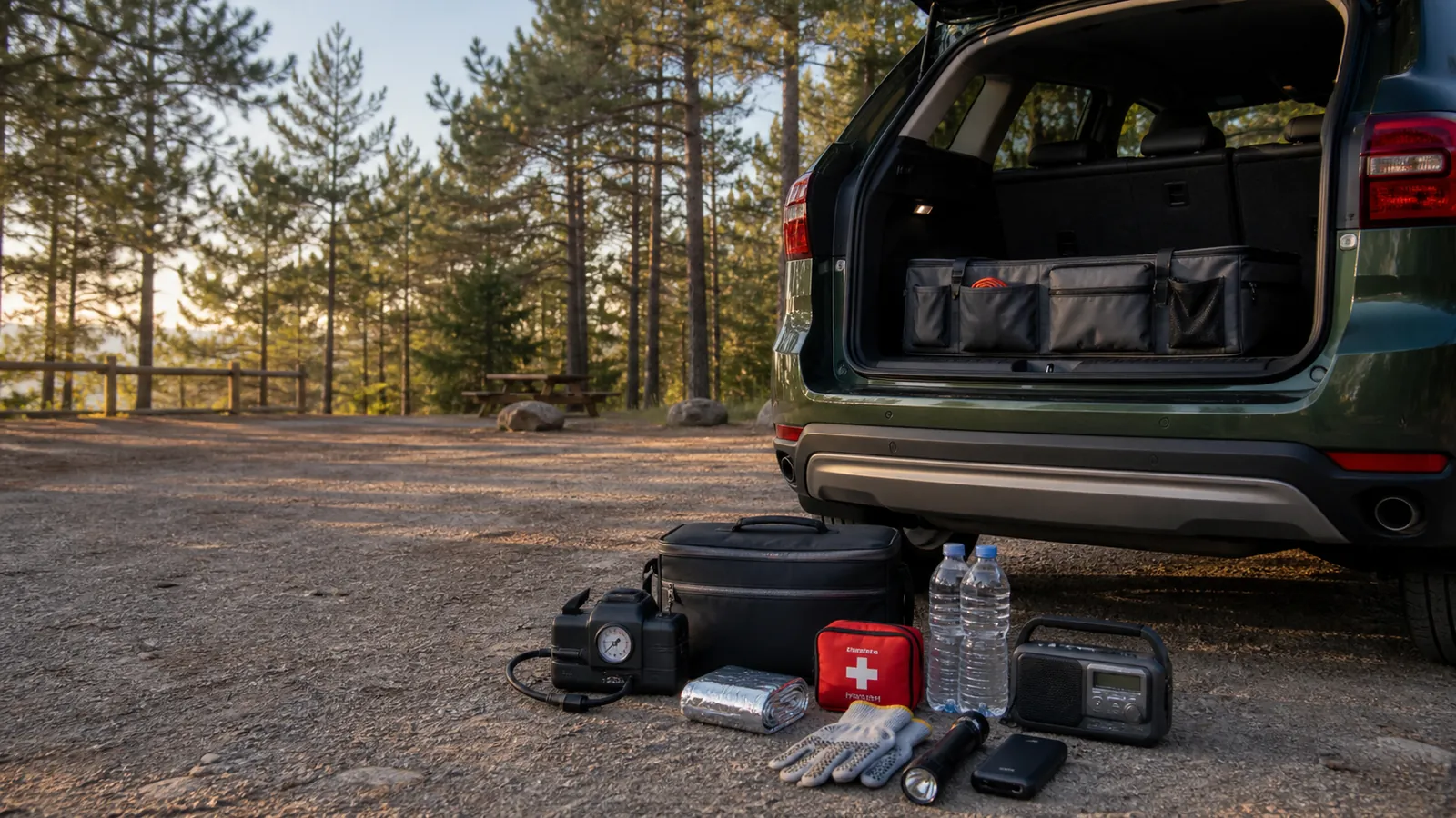 Kit de emergencia ordenado junto al maletero abierto de un todocamino en un área forestal