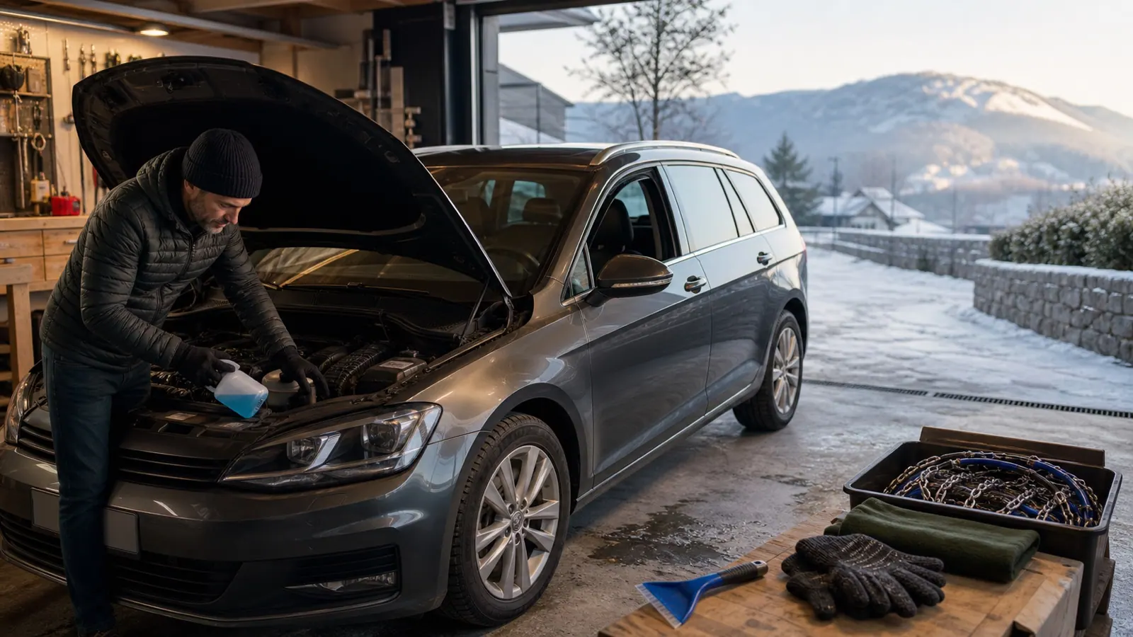 Conductor preparando el coche en invierno con neumáticos revisados y equipo de emergencia ordenado