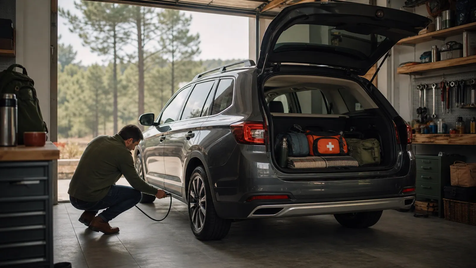 Conductor revisando los neumáticos y el equipaje de un coche antes de un viaje largo