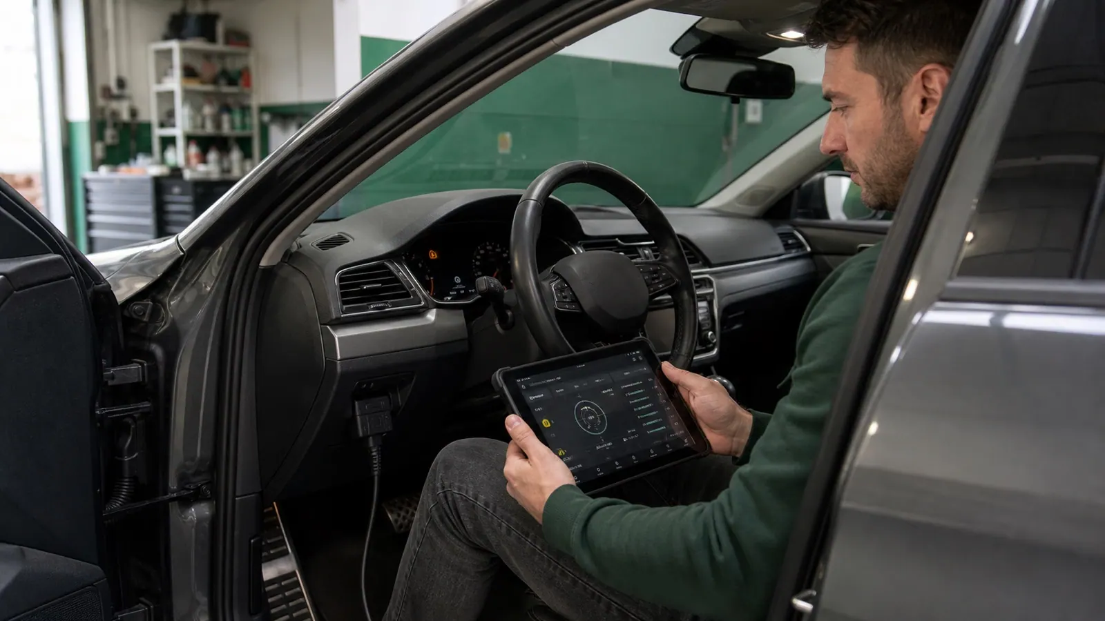 Conductor consultando un lector OBD2 con el testigo de motor encendido en el cuadro