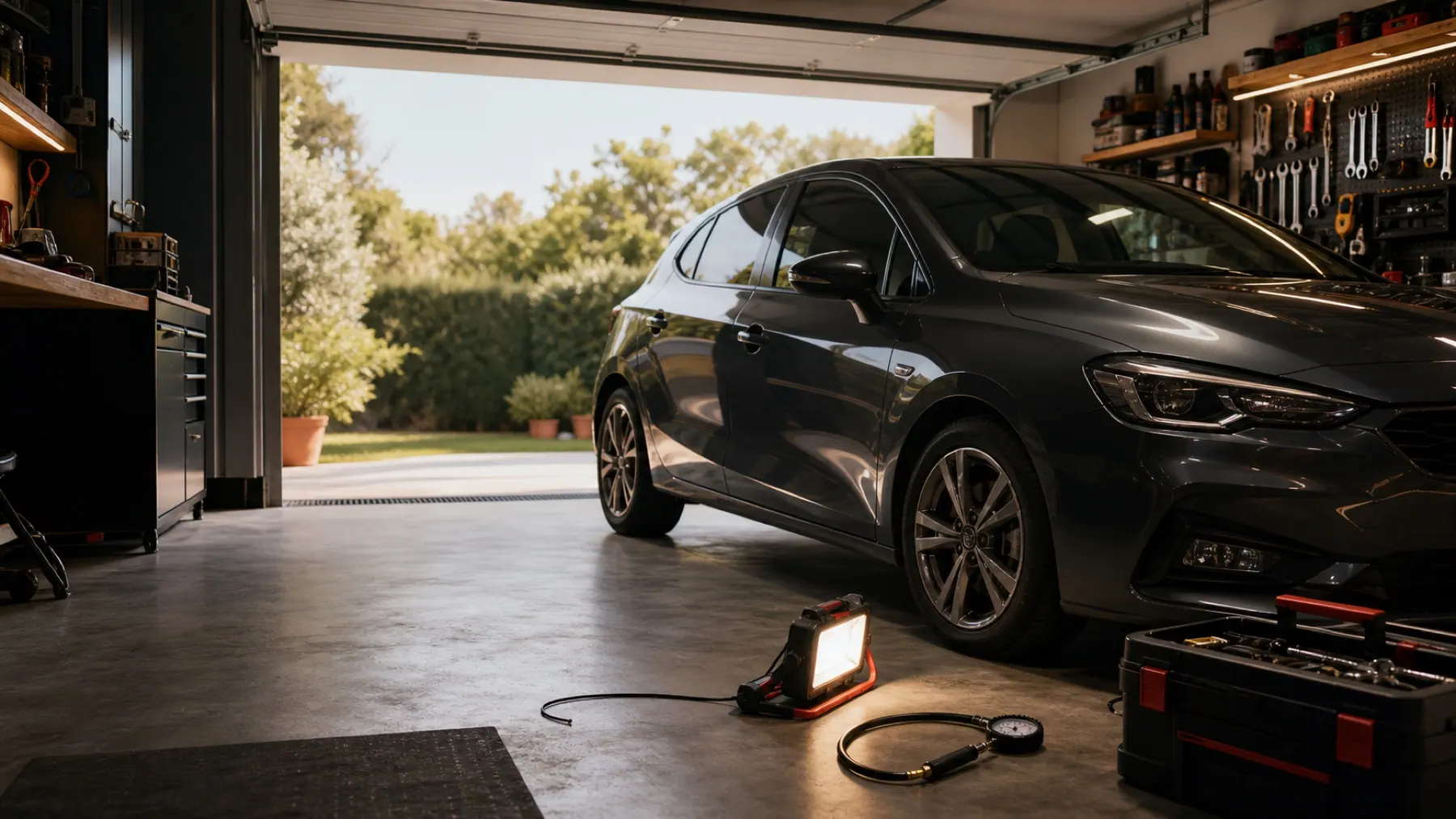 Coche en un garaje doméstico ordenado con herramientas, luz de trabajo y manómetro