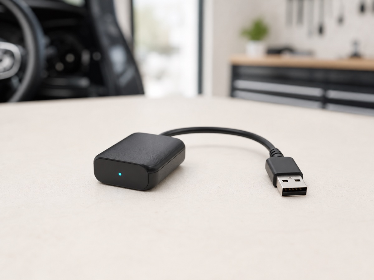 Adaptador inalámbrico compacto para CarPlay sobre un banco de trabajo